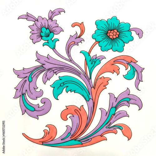Medieval teal purple and orange floral decorative element concept for ceramic tile design and mosaic embellishment