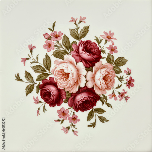 Vintage red and pink rose floral bouquet design on a ceramic tile, a decorative home decor finish for walls and floors.