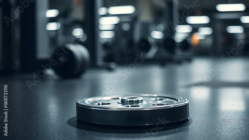A solitary weight plate on rubber flooring with metallic reflections in soft gym lighting.