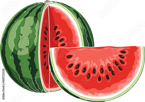 A whole watermelon with a slice cut out, revealing the red flesh and black seeds.