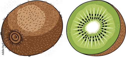 Whole and sliced kiwi fruit, displaying the brown skin and green flesh.