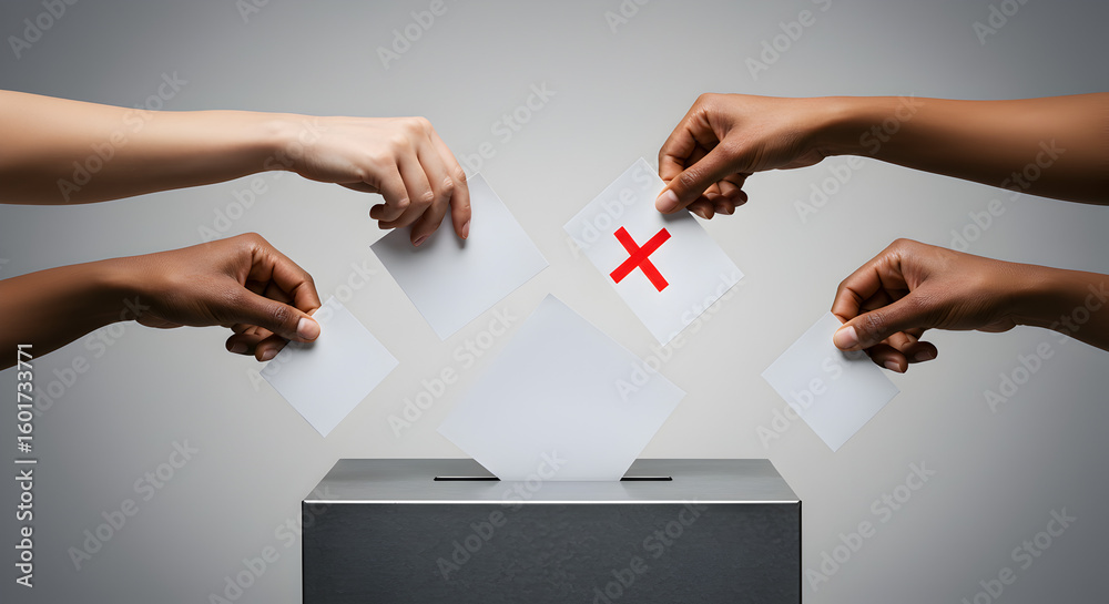 Obraz premium Diverse Hands Casting Ballots into a Metal Voting Box on Gray Backdrop for Election Process