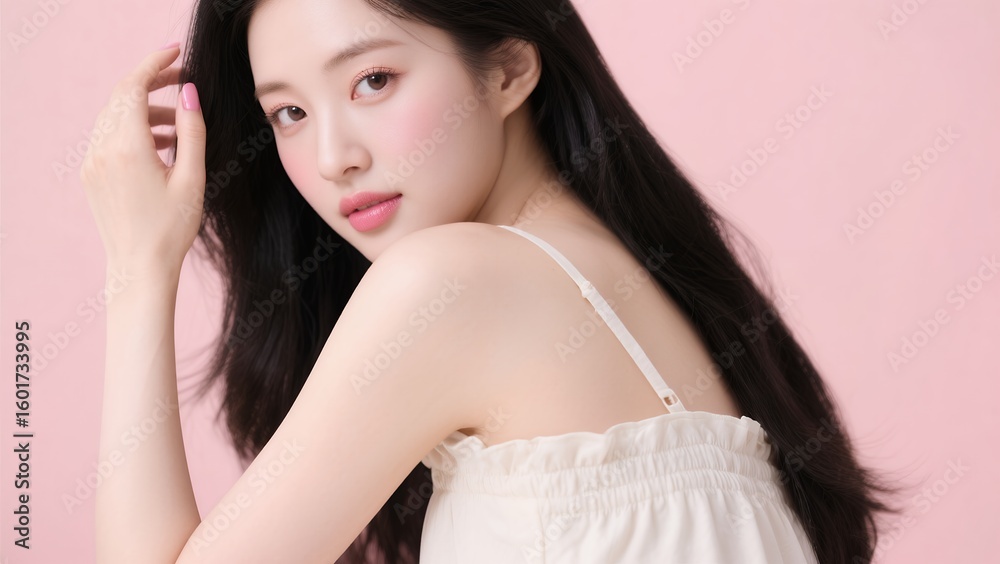 Naklejka premium ピンク背景で髪に触れる黒髪の女性