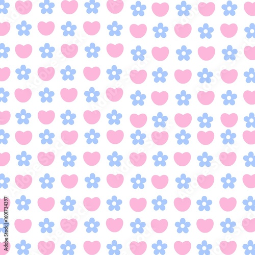 Cute Seamless Pattern with Pink Hearts and Blue Flowers