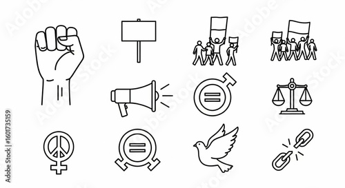 Protest and Activism Line Icon Set – Vector Demonstration, Raised Fists, Civil Rights, March, Placard, Freedom of Speech, Thin Linear Illustration