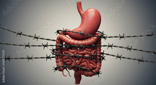 Human Stomach And Intestines Enclosed By Barbed Wire Displaying Digestion Issues With Gray Background And Digital