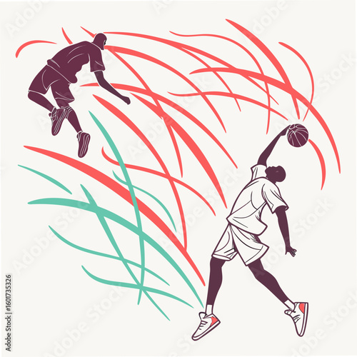 Basketball players in action with dynamic strokes sport