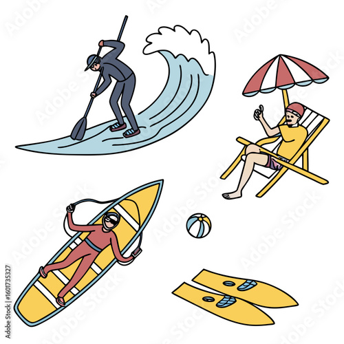 Beach activities with water sports and relaxation surfing paddleboarding