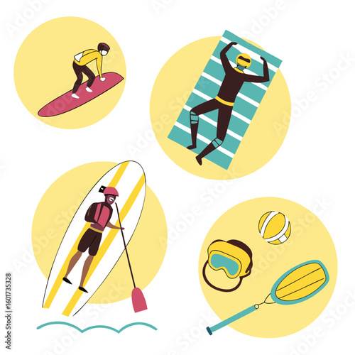 Beach activities icons people surfing paddleboarding relaxing relaxation summer