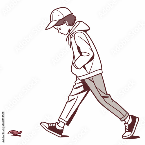 Boy in baseball cap and hoodie looking down at bird pants sneakers
