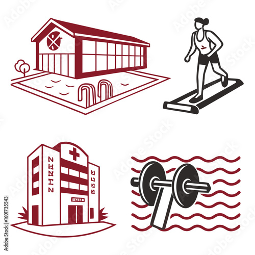 Building pool running woman dumbbell waves hospital vector