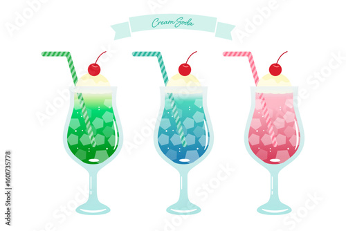 Cream Soda Set – Green, Blue, and Pink Summer Drinks with Cherries and Ice Cream