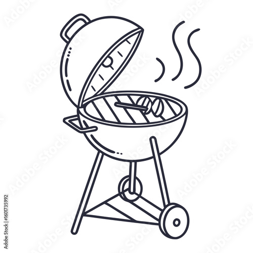 Charcoal barbecue grill with open lid and steam charcoal grill outdoor cooking