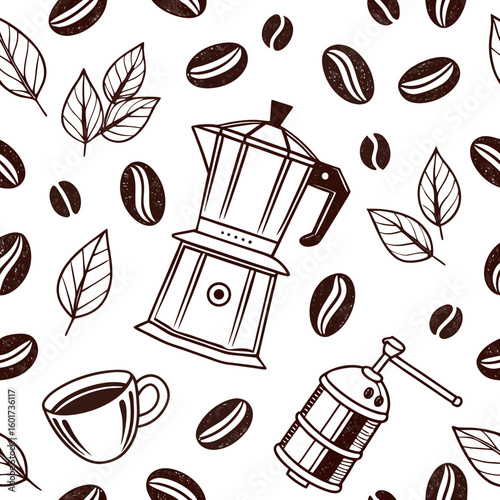 Coffee beans brewing equipment and leaves seamless pattern coffee cup moka pot