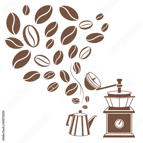 Coffee beans pouring from grinder into pot coffee grinder coffee pot