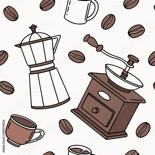 Coffee beans grinder moka pot and cups pattern brown