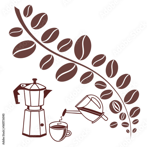Coffee beans on a branch with moka pot and pouring cup vector