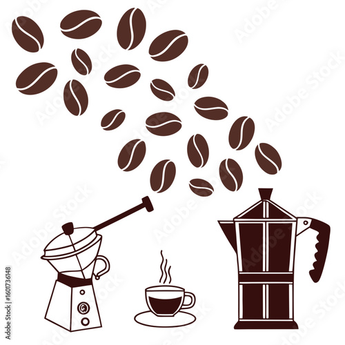 Coffee beans pouring into a moka pot with a steaming cup coffee cup brewing