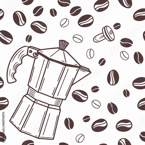 Coffee brewing moka pot and beans pattern vector