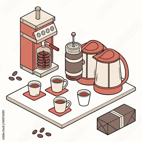 Coffee brewing station with cups and kettles coffee maker french press
