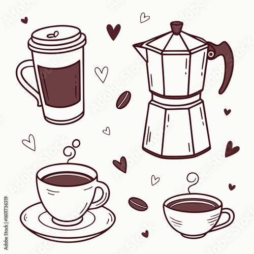 Coffee cups and moka pot with hearts and beans espresso