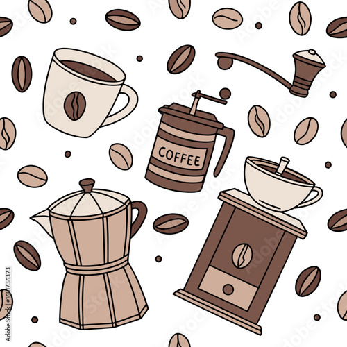Coffee cups beans grinders and moka pot pattern vector
