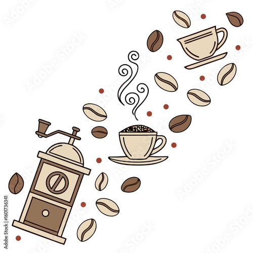 Coffee grinder and cups with beans saucer