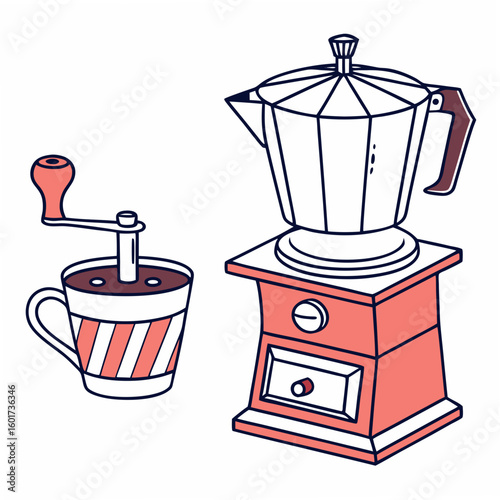 Coffee grinder and moka pot illustration brewing kitchen