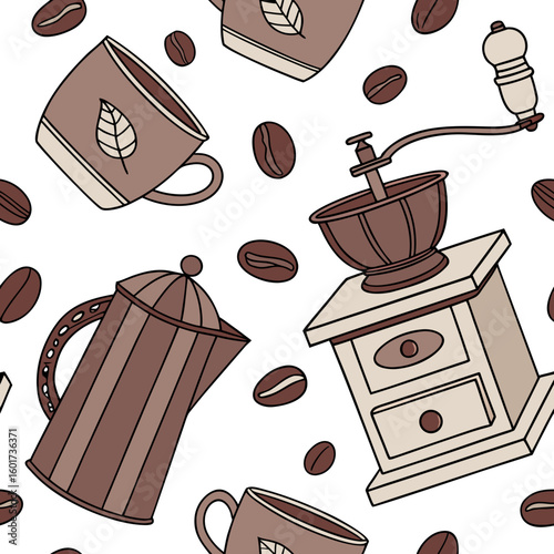 Coffee grinder cups and beans pattern french press