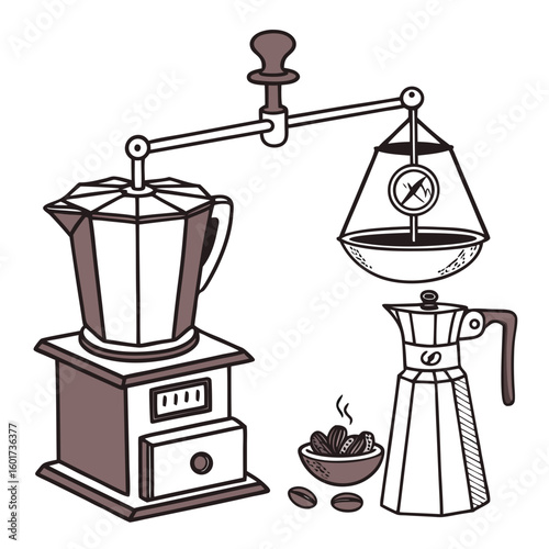 Coffee grinder moka pot and coffee beans illustration brewing equipment
