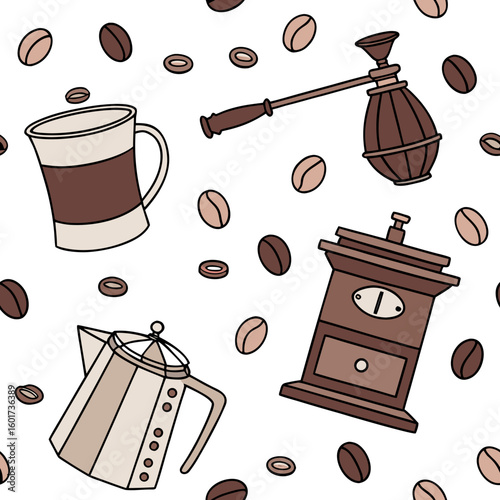 Coffee grinder moka pot cup cezve and beans pattern vector