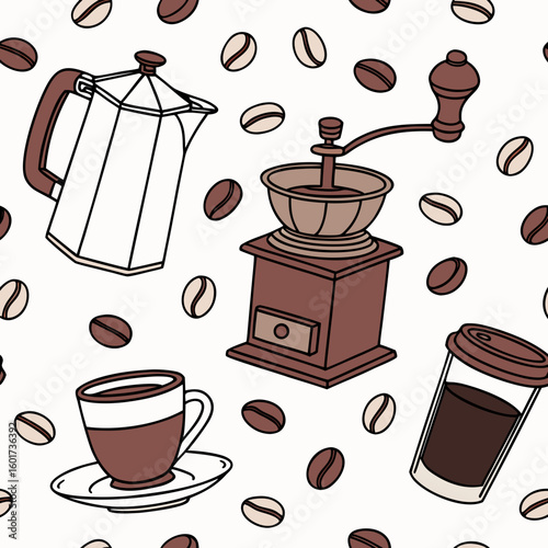 Coffee grinder moka pot cup and beans pattern vector