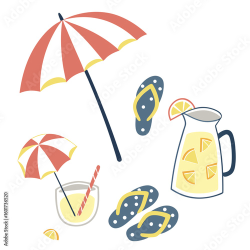 Coral white striped umbrellas refreshing lemonade pitcher flip flops summer beach