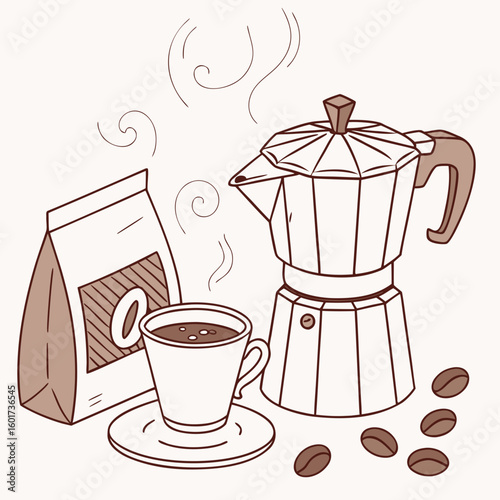 Cozy coffee setup with moka pot and beans coffee beans coffee cup