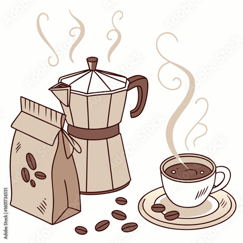Cozy coffee setup with moka pot and beans coffee beans coffee cup