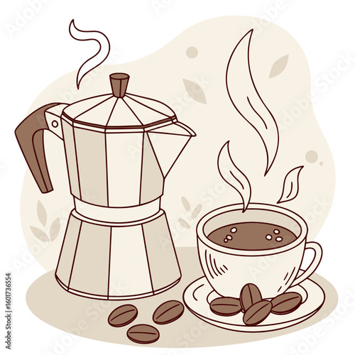 Cozy coffee setup with moka pot and cup saucer coffee beans
