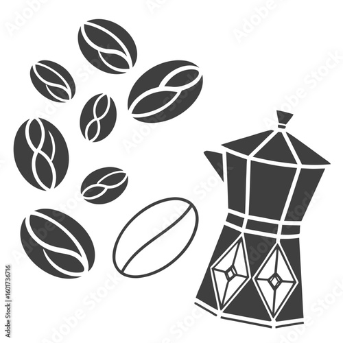 Dark coffee beans and moka pot illustration coffee maker beverage