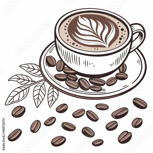 Detailed coffee cup with latte art and scattered beans coffee beans saucer