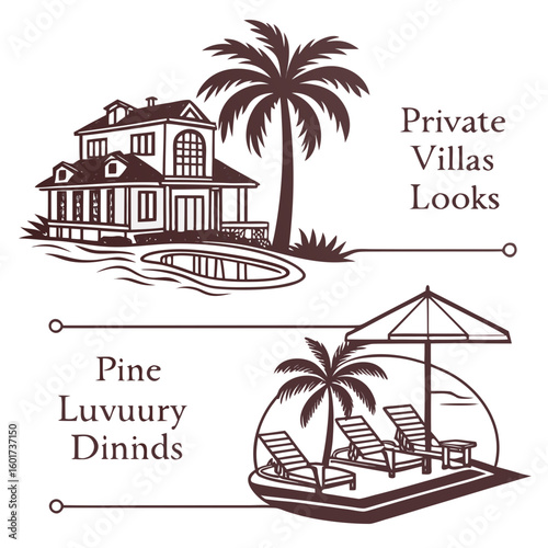 Elegant resort villa and beach lounge icons lounge chairs palm tree