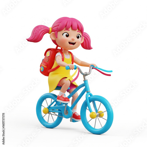 3D cartoon girl riding a bicycle with a backpack, white background