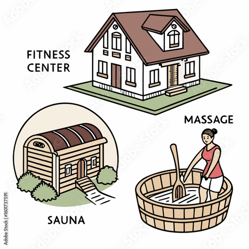 Fitness center sauna and massage wellness icons vector