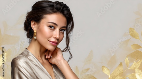 Elegant portrait of a woman with natural makeup and delicate earrings against a soft golden background