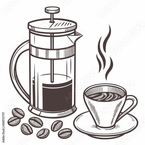 French press coffee cup and beans sketch coffee beans hot drink