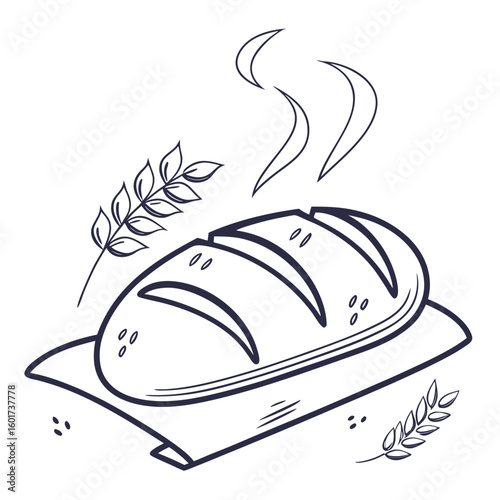 Freshly baked bread with wheat stalks loaf bakery