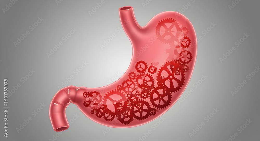 Stomach with Internal Gear Mechanisms in Red and Pink Hues on a Gray Background Stomach with Internal Gear Mechanisms in Red and Pink Hues on a Gray Background