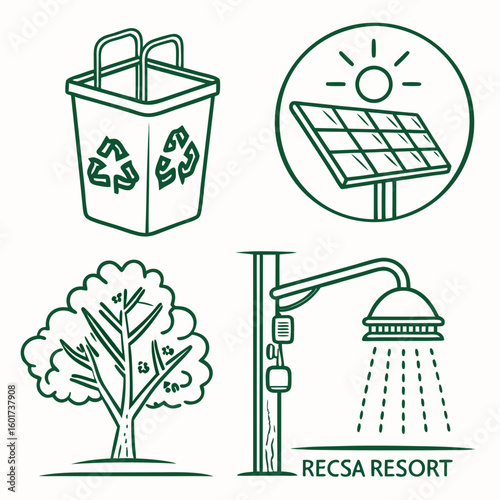 Green resort icons recycling solar tree shower solar panel