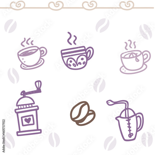 Hand drawn coffee accessories with steaming cups and grinder beans