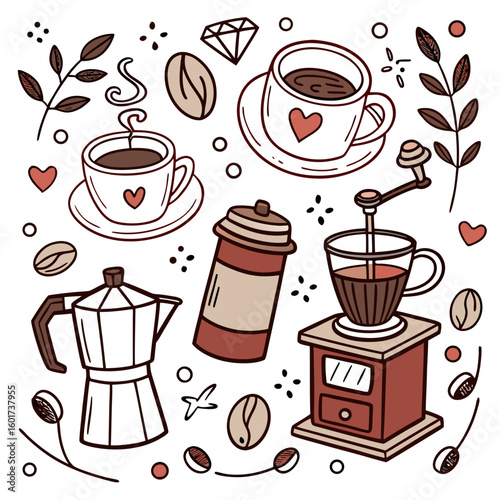 Hand Drawn Coffee Elements With Hearts And Beans cups branches