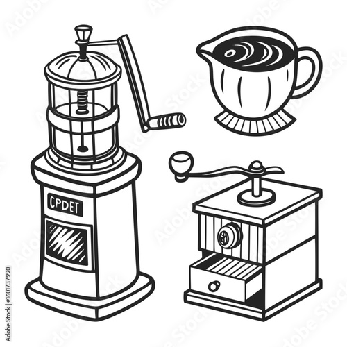Hand Drawn Coffee Grinders and Creamer mill vintage
