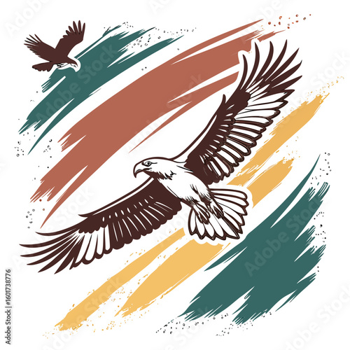 Majestic eagles soaring against bold abstract brush strokes bird flight
